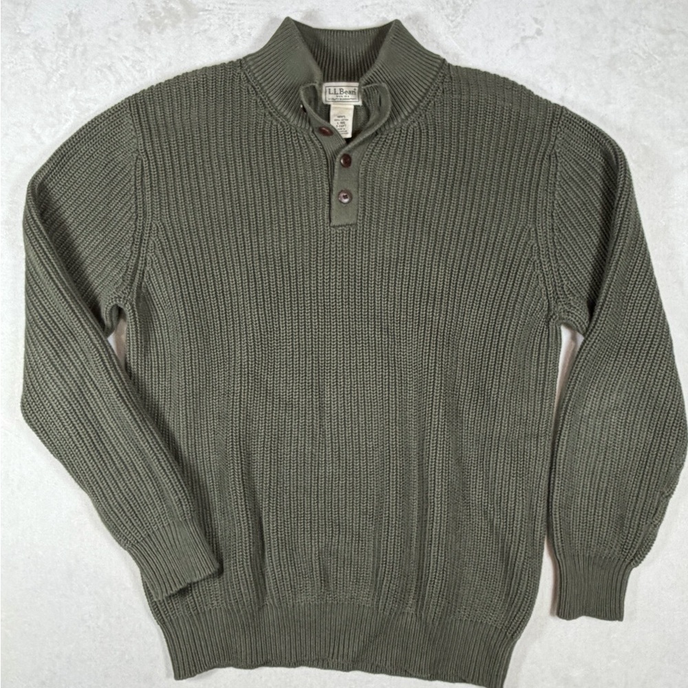 L.L. Bean Men's Large Olive Crewneck Button Henley Heavy Cotton Knitted Sweater